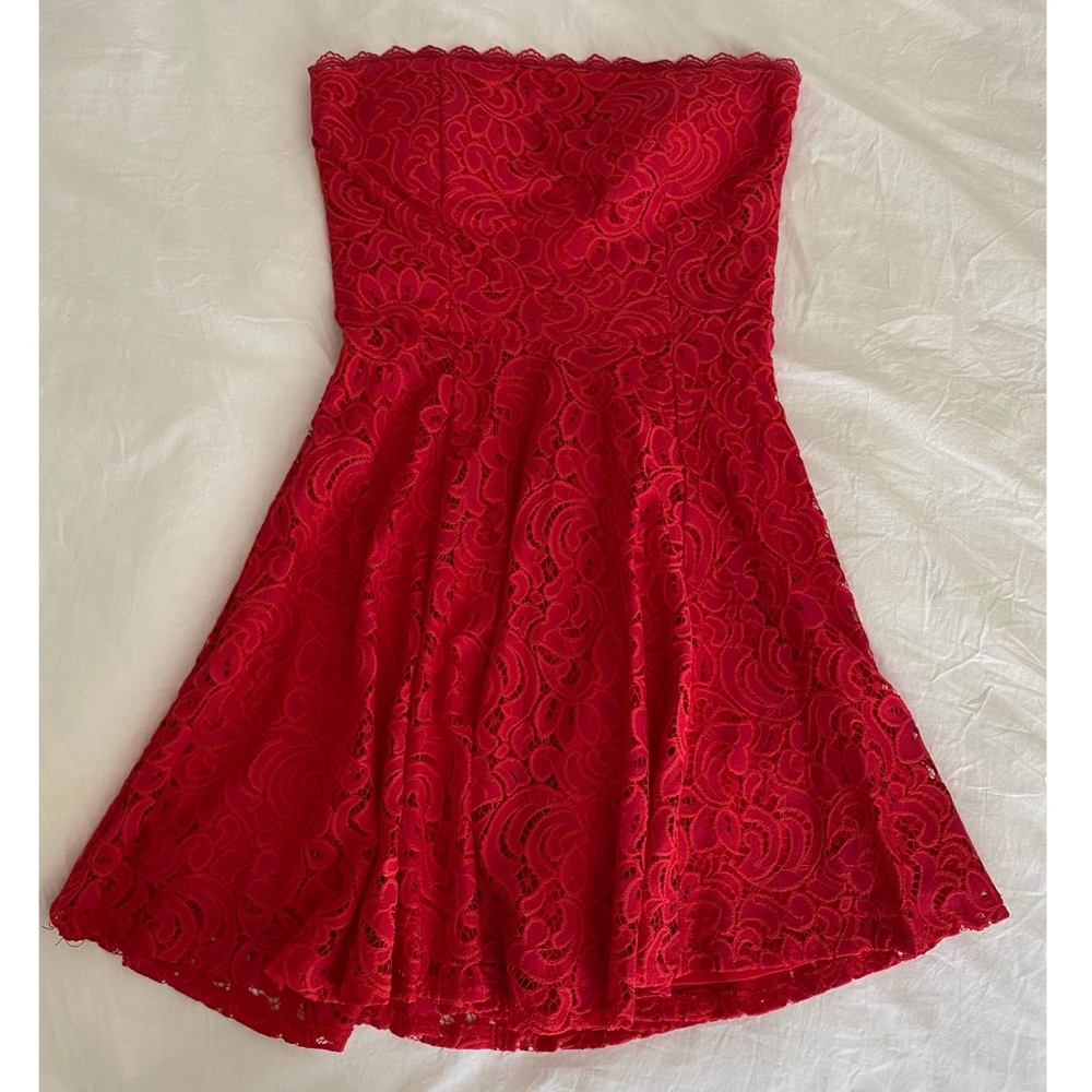 Red lace strapless mini dress